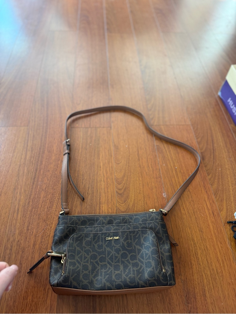 Calvin Klein Dark Brown Monogram Crossbody Bag with Gold Hardware - Picture 2 of 6